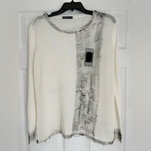 Zannza Couture Off White and Black Graphic Long Sleeve Sheer Top Medium